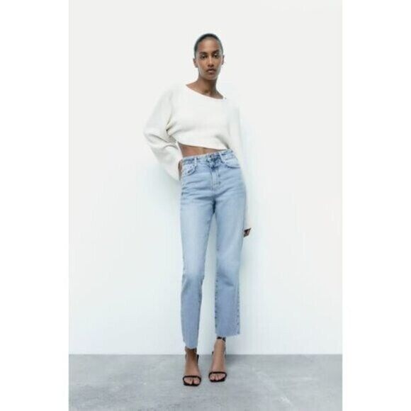 Zara Light Wash High Rise Straight Leg Raw Hem Jeans 10 - Picture 1 of 5
